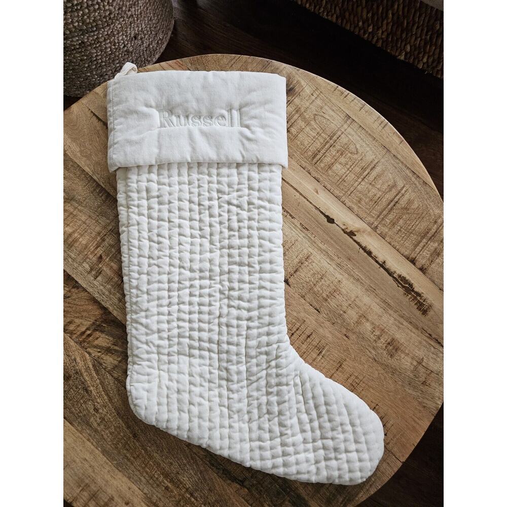 Pottery Barn Channel Quilted Velvet Christmas Stocking "Russell"‎ Embroidered LG